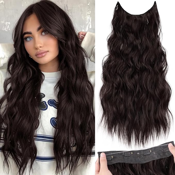 KooKaStyle Invisible Wire Hair Extensions with Transparent Headband Adjustable Size 4 Secure Clips Long Wavy Secret Wire Hairpiece 24 Inch Reddish Chocolate Brown for Women