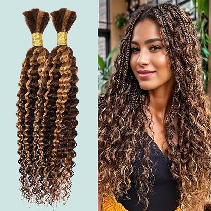 16 Inch Human Braiding Hair 100g Deep Wave Bulk Human Hair for Braiding Brazilian Virgin Human Hair Bundles Wet and Wavy Bundles No Weft Curly Human Hair Extensions for Boho Braids P4/27