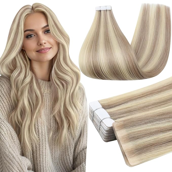 Full Shine Seamless Injection Hair Extensions Tape in Real Human Hair 22 Inch Color 18 Ash Blonde and 613 Blonde Straight Injected Remy Tape in Extensions 20 Pcs 50 Grams Add Length
