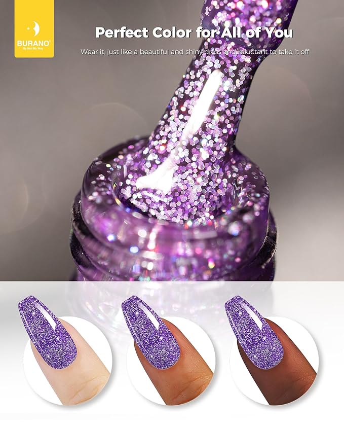 BURANO Glitter Gel Nail Polish - LED UV Curing Holographic Effect Sparkle Gel - Purple LP26