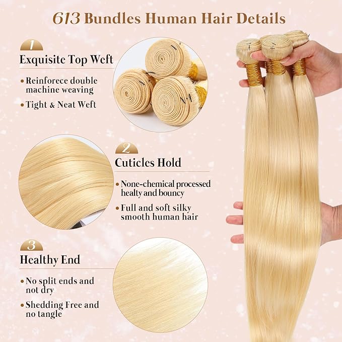 613 Blonde Bundles Human Hair 18 20 22 24Inch Straight 613 Bundle 4 Bundles 16A Grade Brazilian Virgin Human Hair Bundle Weave Hair Extensions For Women