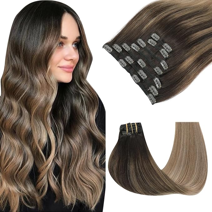Clip in Hair Extensions Real Human Hair 7pcs 140g 14 Inch Balayage Dark Brown To Dirty Blonde Double Drawn Human Hair (#2/6/18, 14")