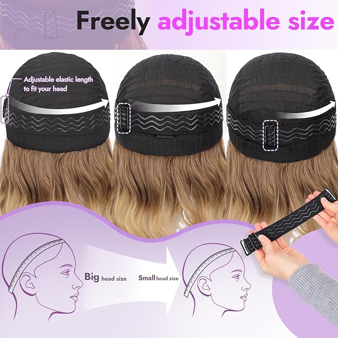 Brown to Blonde Short Wavy Wig for Women Lace Hairline Bob Style Synthetic Heat Resistant - Natural Appearance for Everyday Hairstyle 14 Inch