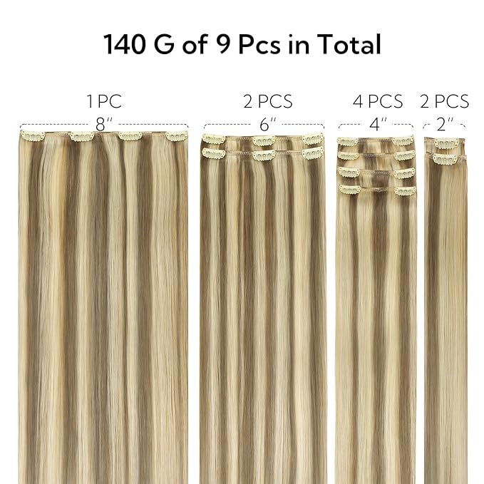 HOTBANANA Clip in Hair Extensions Real Human Hair, 130g 7pcs 16 inch Ash Brown Highlighted Golden Blonde Clip in Human Hair Extensions Straight Remy Hair Extensions Full Head