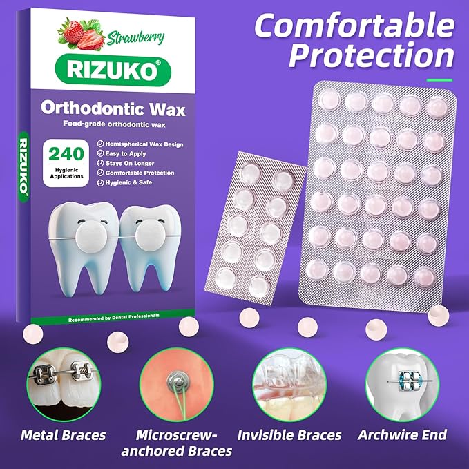 Orthodontic Wax for Braces - 240 Dental Wax Dots | Hygienic Individual Wraps, Strawberry