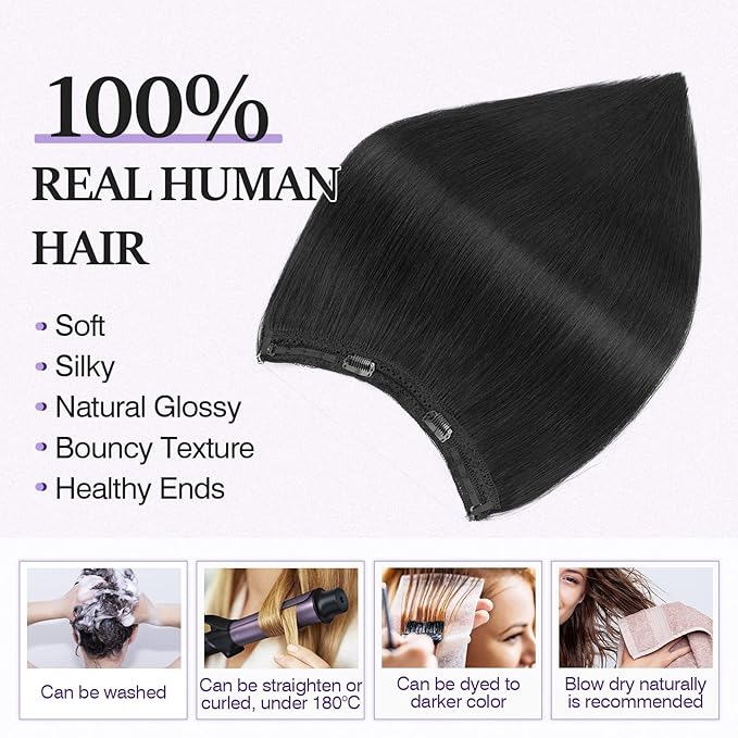 Halo Hair Extensions Real Human Hair,Halo Hair Extension 100% Human Hair, Wire Hair Extensions,Straight 01 Jet Black 14inch/60g