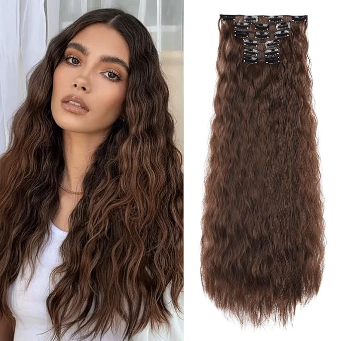 LONAI 6PCS Clip In Hair Extensions 24" Dark Chocolate Brown Hair Extension Long Mermaid Waves Synthetic Hairpiece For Women Natural Looking for Daily Use Cosplay Halloween Costume Party