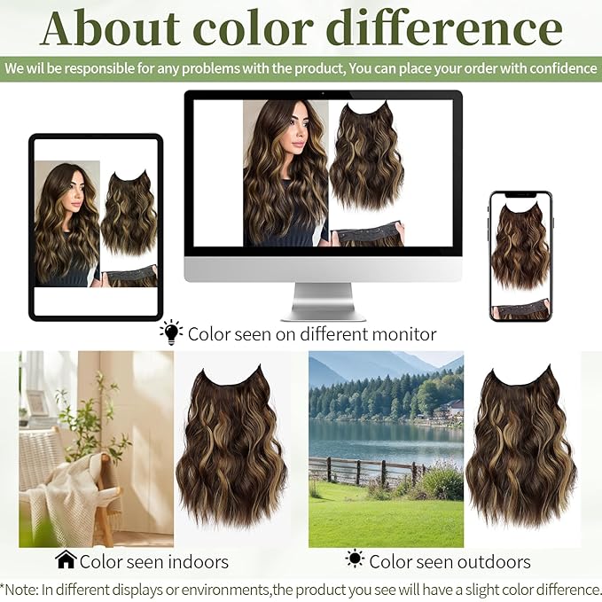 KooKaStyle Invisible Wire Hair Extensions with Transparent Headband Adjustable Size 4 Secure Clips Long Wavy Secret Wire Hairpiece for Women(16 Inch Chestnut Brown with Blonde Highlights)