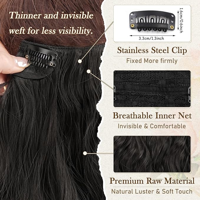 BARSDAR 12 Inch Wavy Black Clip in Hair Extensions - 6PCs Short Wavy Natural Black Clip in Hair Extensions for Women - Full Head Thick Soft Synthetic Hairpieces Daily Party Halloween
