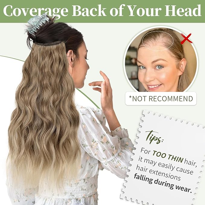 KooKaStyle Invisible Wire Hair Extensions with Transparent Wire Adjustable Size 4 Secure Clips Long Wavy Secret Synthetic Hairpiece 20 Inch for Women(Ash Brown mix Bleach Blonde)