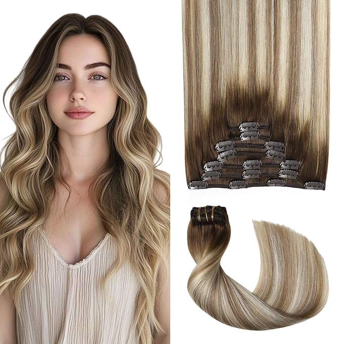 Pro2.0 Remy Clip in Extensions Real Human Hair #3/8/22 Walnut Brown to Ash Brown and Golden Blonde Clip in Hair Extensions Real Human Hair 18inch 120g Thick 7pcs Double Weft（#3/8/22-18inch）