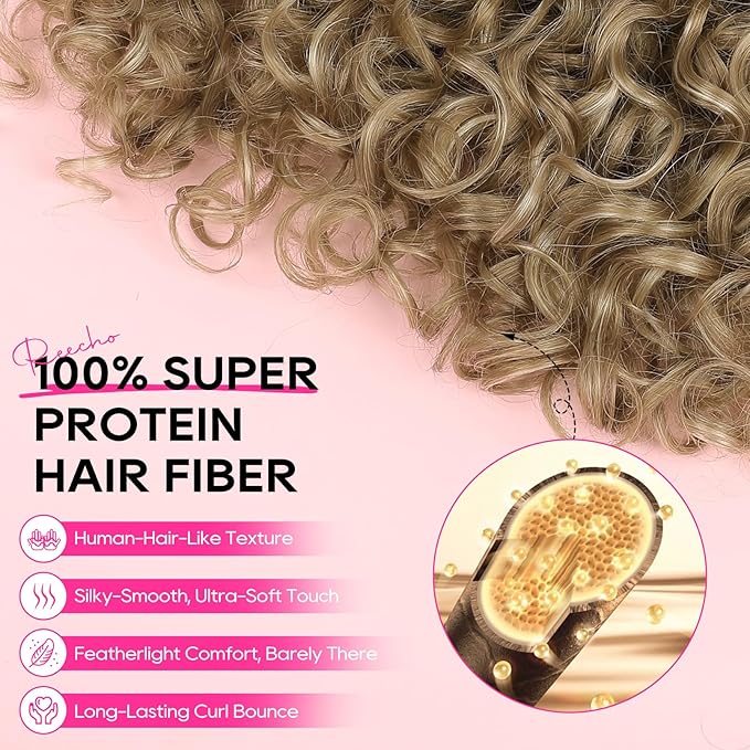 REECHO Curly Hair Extensions - 4PCS 14" GoGo Curly Clip in Hair Extensions 100% Super Protein Hairpieces with Invisible Lace Weft Silky Soft Natural Look for Women - Honey Blonde with Highlights