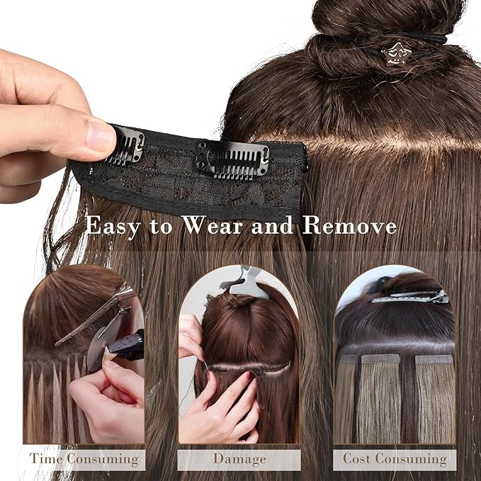 REECHO Hair Extensions, 4PCS Clip in Hair Extensions HE001 Natural Soft Synthetic Hairpieces for Women, Dark Ash Blonde with Golden Ends