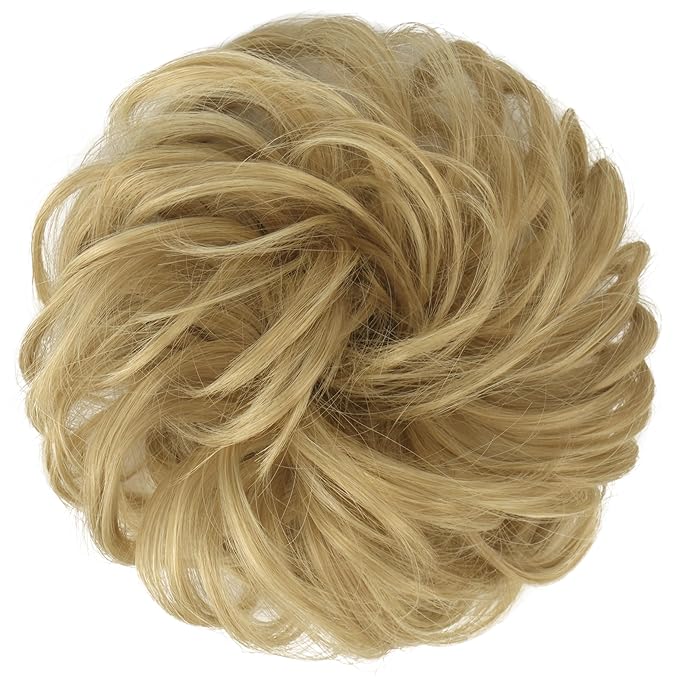 FESHFEN Messy Bun Hair Piece - Elastic Wavy Curly Hair Bun Scrunchies Extensions Synthetic Chignon Hairpieces for Women Girls, Light Golden Blonde 1.5 oz
