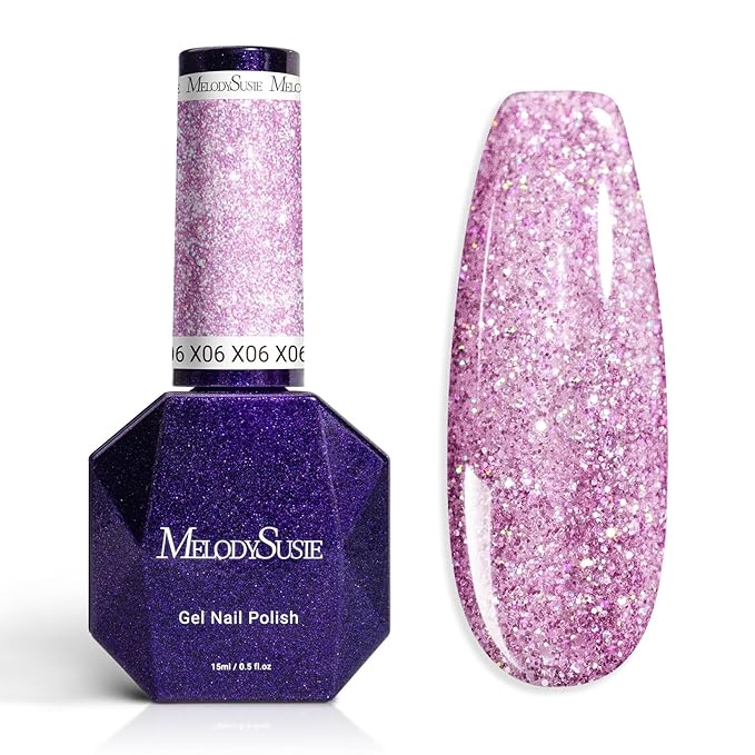 MelodySusie Galaliver Pink Glitter Gel Nail Polish, 15ML Sparkly Purple Shimmer Gel Polish Soak Off UV LED Cured Long Lasting Gift for Women DIY Nail Design Nail Art Manicure X06