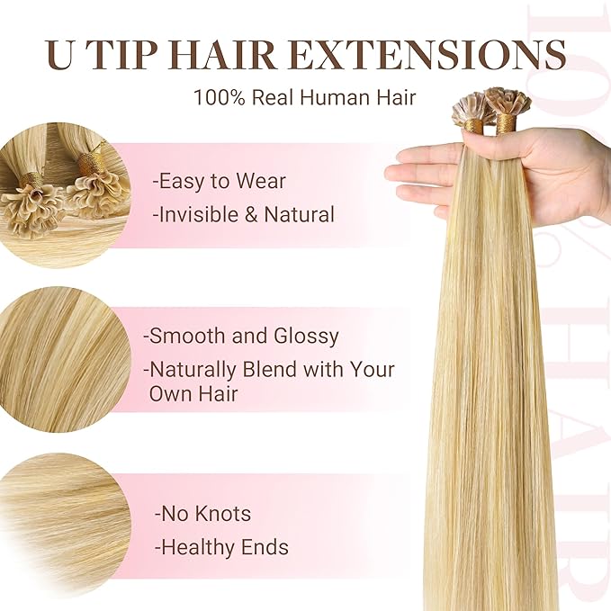 GOO GOO U Tip Hair Extensions Real Human Hair, Double Volume 100g 100S, 20 Inch Hot Fusion U Tip Extensions, Invisible Remy Hair, 18D/22F Dirty Blonde Highlights