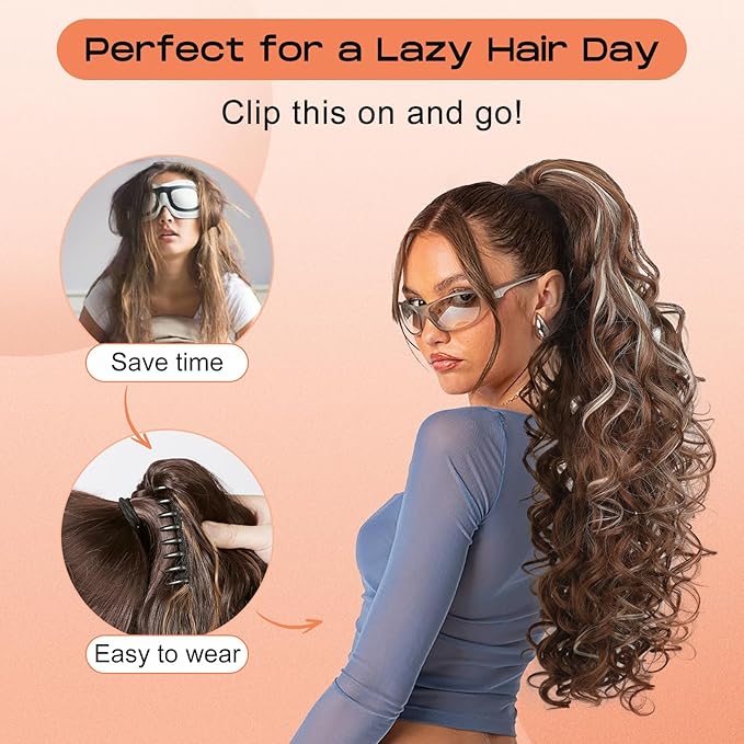 SEIKEA Ponytail Extension, 24" Fluffy Long Wavy Curly Claw Clip Hair Extensions Ponytail Multi-layered Clip in Fake Pony Tails Natural Soft Synthetic Hairpiece Chocolate Brown with Blonde Highlights