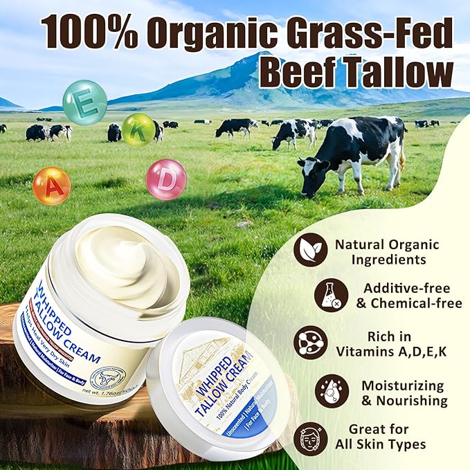 Beef Tallow for Skin, Natural Beef Tallow for Face, 100% Organic Grass Fed Finished Whipped Tallow and Honey Balm, Tallow Cream for Skin Care, Tallow Face Moisturizer Body Lotion