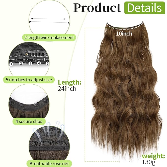 KooKaStyle Invisible Wire Hair Extensions with Transparent Headband Adjustable Size 4 Secure Clips Long Wavy Secret Wire Hairpiece 24 Inch for Women(COCOA#)