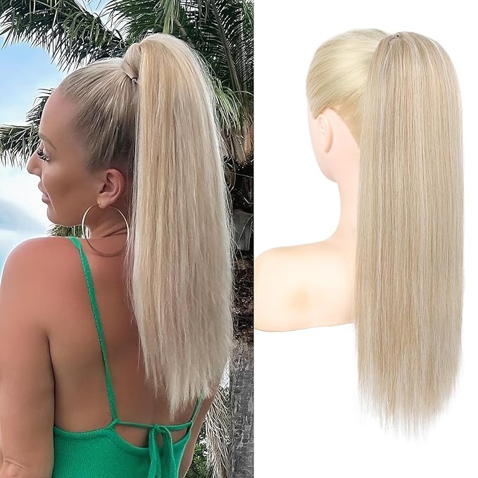 SEIKEA Ponytail Extensions Drawstring Long Straight Fake Pony Tail Natural Soft Clip in Hair Extension Synthetic Heat Resistant Hairpiece 20 Inch Ash Blonde with Highlights