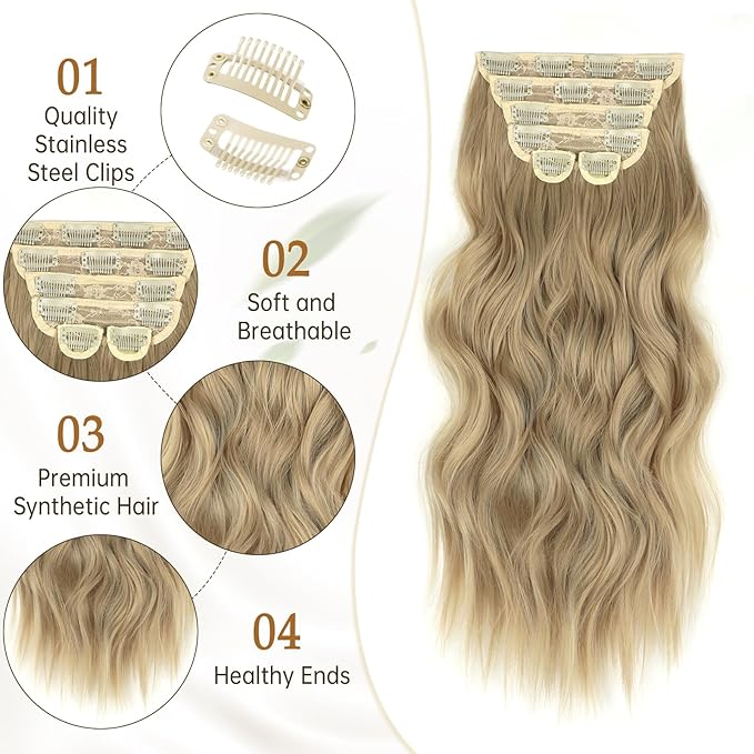 Vigorous Clip in Hair Extensions 6Pcs Mixed Dirty Blonde Hair Extension Clip Ins 20Inch Natural Soft Synthetic Hairpieces for Women(Mixed Dirty Blonde)