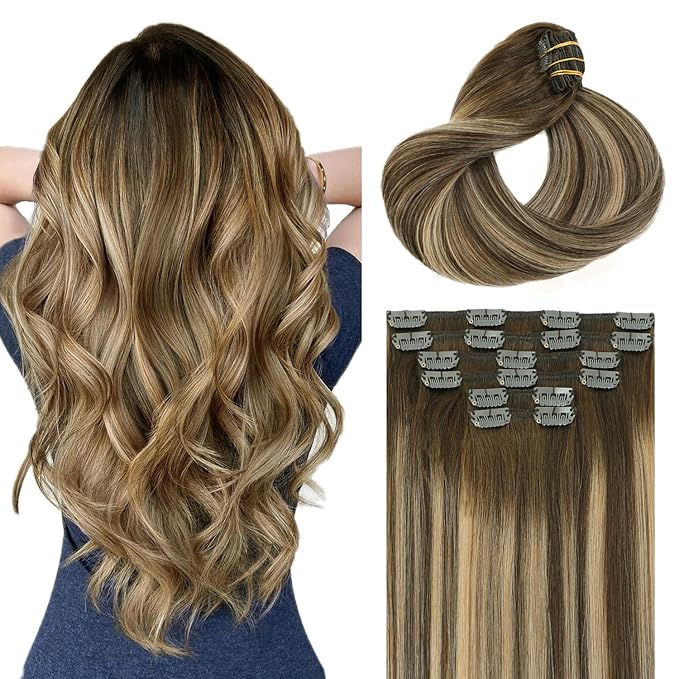 Clip in Hair Extensions Real Human Hair,Balayage Chocolate Brown To Caramel Blonde, 22 Inch 120g Natural Straight Clip On Hair Extensions 6pcs Per Set with 18 Clips (#4/27/4,22")