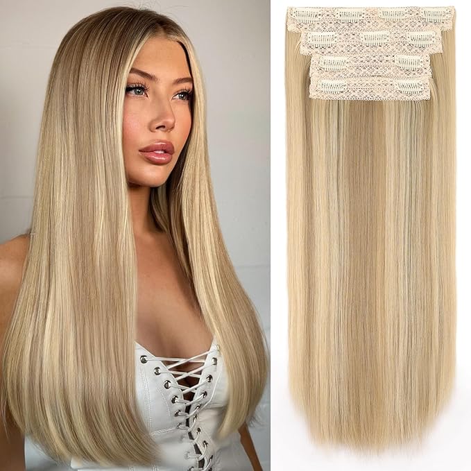 Clip in Hair Extensions Long Straight Synthetic Light Brown mix Golden Blonde 4 PCS Thick Hair Extensions Fiber Double Weft Hair Pieces for women 22 Inch