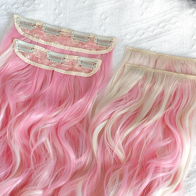 ALXNAN Clip in Long Wavy Synthetic Hair Extension 24 Inch Blonde Pink 4PCS Thick Hairpieces Fiber Double Weft Hair for Women