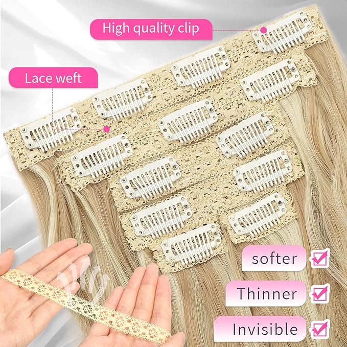 KooKaStyle Short Hair Extensions 6PCS 14 Inch Wavy Curly Hairpieces Synthetic Soft Lace Weft Clip in Hair Extensions-Light Brown mix Highlight Blonde for Women