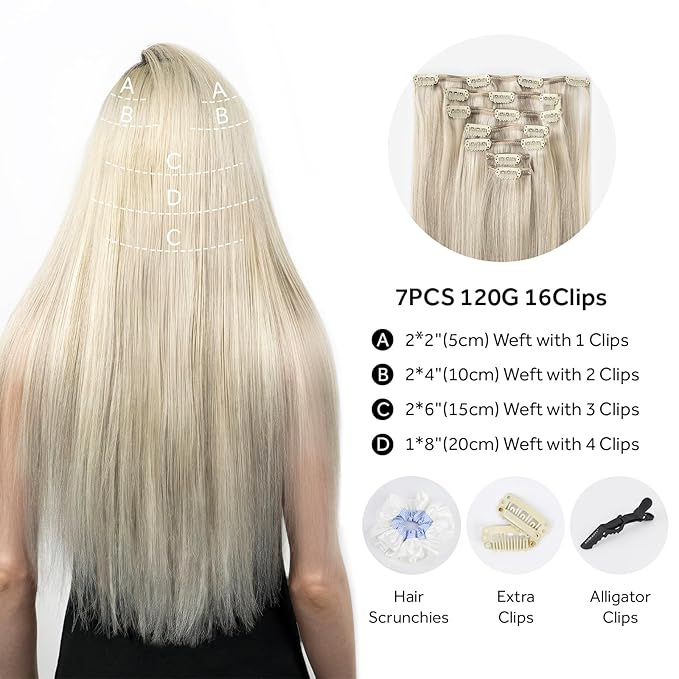 Clip in Hair Extensions Real Human Hair, Remy Hair Extensions Clip In Human Hair Thick and Silky, Ash Blonde Highlighted Platinum Blonde #P17A/60A 16Inch 120G 7PCS