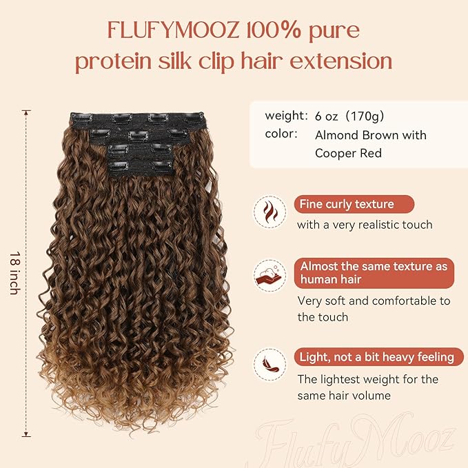 FLUFYMOOZ Clip in Hair Extensions, 18'' 4PC 100％ Pure Protein Silk Curly Hair extension for Women Lace Weft Hairpiece Natural Soft and comfortable for Daily Use-Almond Brown with Cooper Red