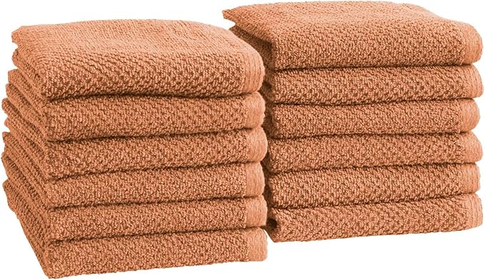 Great Bay Home 100% Cotton 12-Pack 13x13 Wash Cloth - Absorbent, Quick-Drying, Durable Face Towels for Bathroom Decor - Low-Twist, Two-Ply Fibers (Clay)