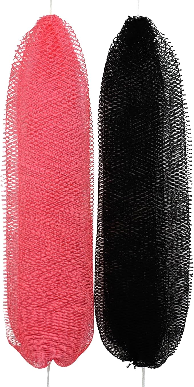 African Exfoliating Net Sponge Authentic – 2 Pieces African Bath Sponge with Knots, Quick-Drying Body Scrubber, 45 inches Stretch Exfoliating Washcloth Loofah for Women & Men (Black+Pink)