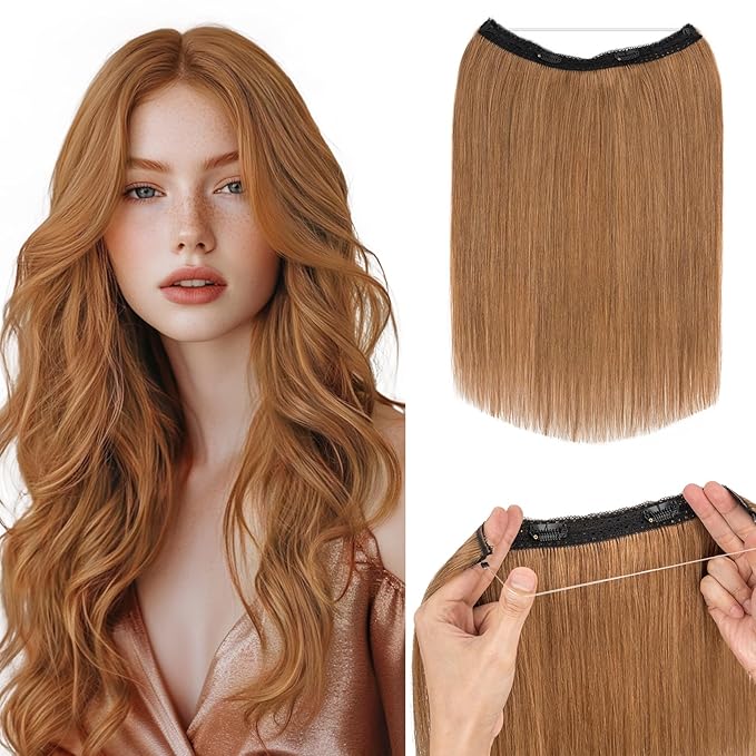 Hairro Wire Hair Extensions Human Hair, Fish Line Invisible Adjustable & Clips in Extensions Straight, 100% Real Hairpieces Seamless Blending for Women, 16 Inch 80g Light Brown