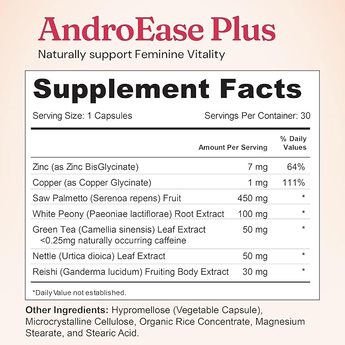 Nourished AndroEase Plus Double Strength – Vegan Hormone Balance for Women – Zinc, Reishi, Green Tea and Saw Palmetto – for Energy, Vitality, Facial Hair and Daily Wellness – 30 Capsules, Made in USA