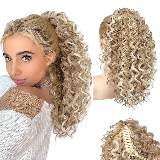 SEIKEA Ponytail Extension, 18" Claw Clip Ponytail Extension Wavy Curly Jaw Clip in Ponytail Hair Extensions Fluffy Natural Soft Fake Pony Tails Synthetic Hairpiece Dark Blonde/White Blonde Highlights