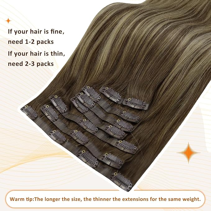 Full Shine Brown Extensions clip in Balayage Brown with Blonde Seamless Hair Extension Short 12 Inch Hair Extensions Clip in Human Hair for Women 12 Inch 95 Grams 8 PCS