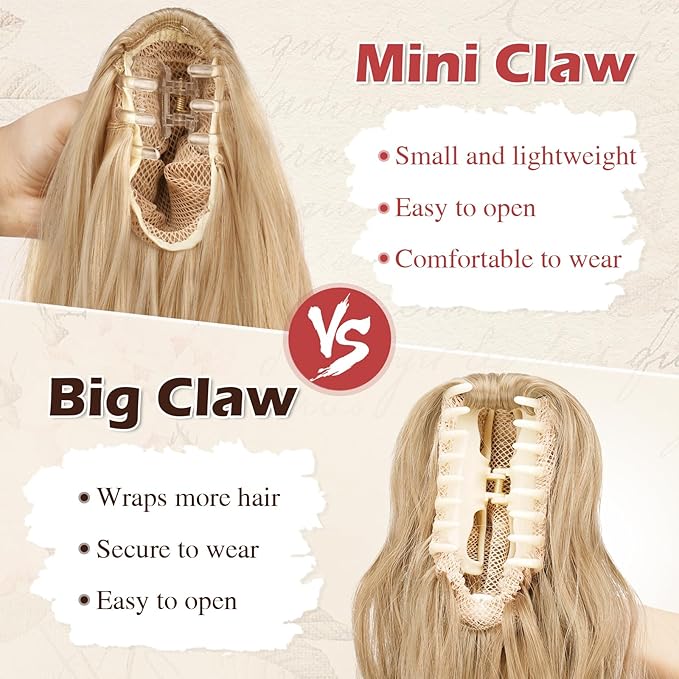 SOFEIYAN Ponytail Extension 16" Curly Wavy Claw Clip Ponytail Hair Extensions Small Claw Clip in Hairpiece Fluffy Clip on Pony Tails Jaw Clips for Women Synthetic Hairpiece, Ash Brown & Bleach Blonde