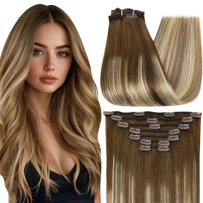 Full Shine Clip in Hair Extensions Human Hair Brown Balayage to Ash Brown Mix Honey Blonde And Lightest Blonde Straight Human Hair Extensions Clip ins 20 Inch Double Weft Clip in Extensions 120 G