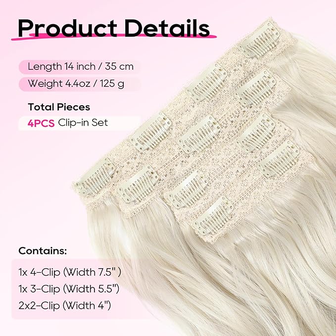 REECHO Clip in Hair Extensions - 4PCS 14" Short Beach Wavy Hairpieces - Invisible Lace Weft - Natural Soft - Platinum Blonde