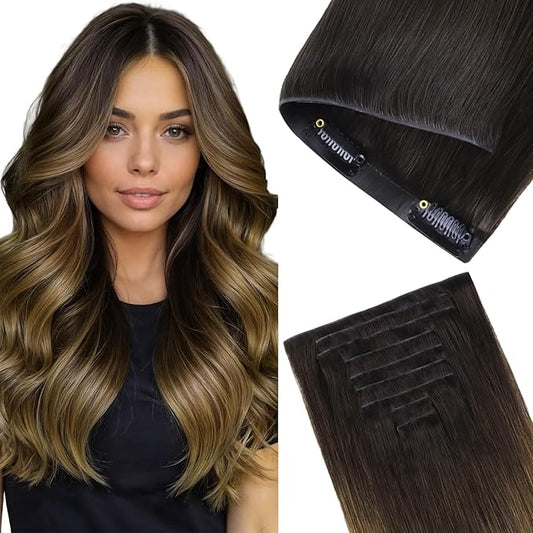 GOO GOO Invisi Edge Clip in Hair Extensions, 22inch 150g 7Pcs, Injected Seamless PU Clip in Hair Extensions, Virgin Real Human Hair, #1D/2C/4E Chocolate Dip Color Melt