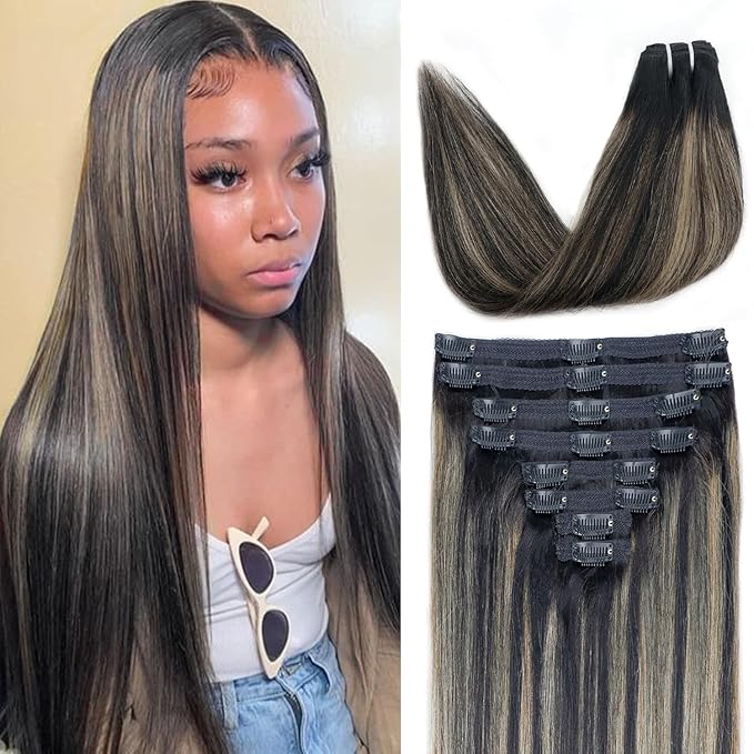 FB27 Balayage Clip In Hair Extensions Real Human Hair Straight Ombre Clip In Black to Blonde Human Hair Extensions Highlight Clip ins Remy Hair for Women 8Pcs with 18Clips Lace Weft 120g 20inch