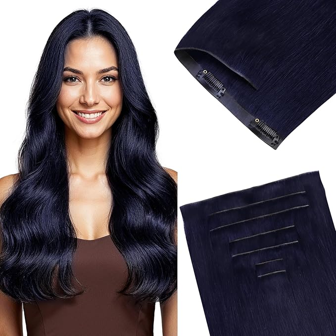 GOO GOO Invisi Edge Clip in Hair Extensions 16inch 120g 7Pcs Injected Seamless PU Clip in Hair Extensions, Virgin Real Human Hair, #1G Blue Black