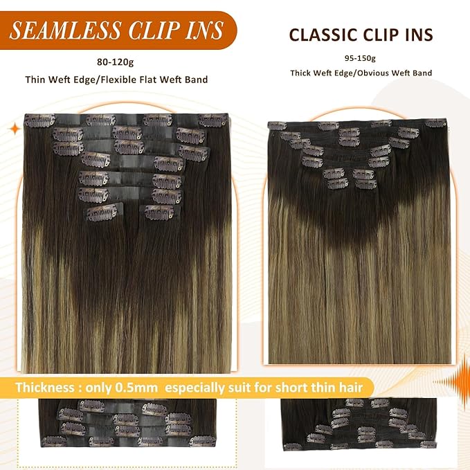 Full Shine Seamless Hair Extensions Clip in 18 Inch Balayage Dark Brown to Light Brown with Honey Blonde Human Hair Clip in Extensions Add Volume 8 PCS 120 G