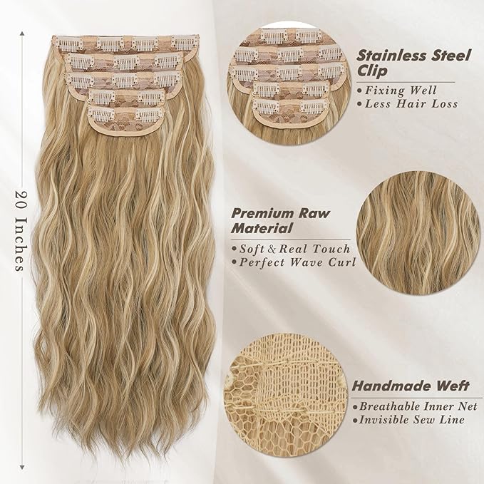 BARSDAR Wavy Clip in Hair Extensions - 20 Inch Golden Blonde Highlight Clip in Hair Extensions for Women - 5PCs Thick Soft Synthetic Loose Wavy Hairpieces – Golden Blonde with Highlights