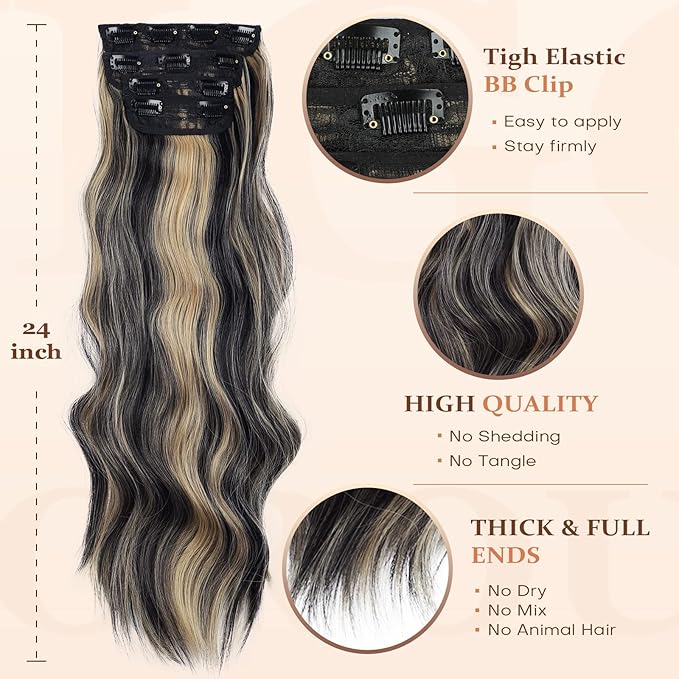 Vigorous Wavy Hair Extension for Women 4Pcs Black Mix Blonde Long Clip in Hair Extensions Soft Synthetic Hairpieces (24 inches, Black Mix Blonde)
