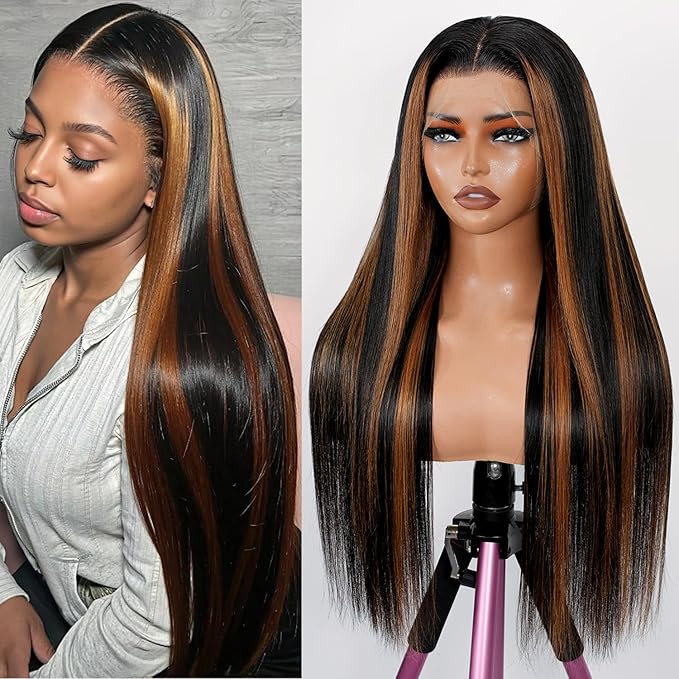 13X6 FULL Real Skinlike HD Lace Wig Human Hair 13x6 1B/30 Straight Highlight Ombre Lace Front Wigs Human Hair Pre Pucked 24 inch 0.10mm Ultra-thin Swiss Lace No Tangle No Shedding Triple Lifespan 3X