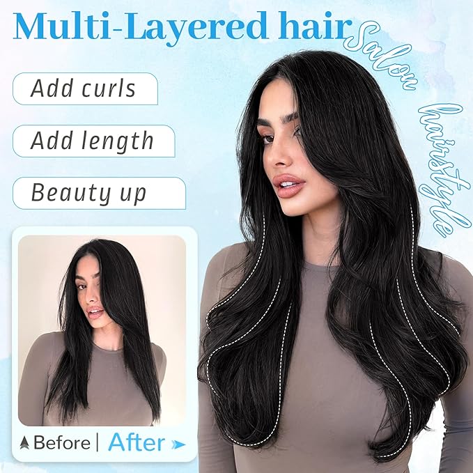 KooKaStyle Invisible Wire Hair Extensions Long Wavy Layered Synthetic Hair Extensions with Transparent Wire Adjustable Size 6 Secure Clips Natural Black Hairpieces for Women 20 Inch