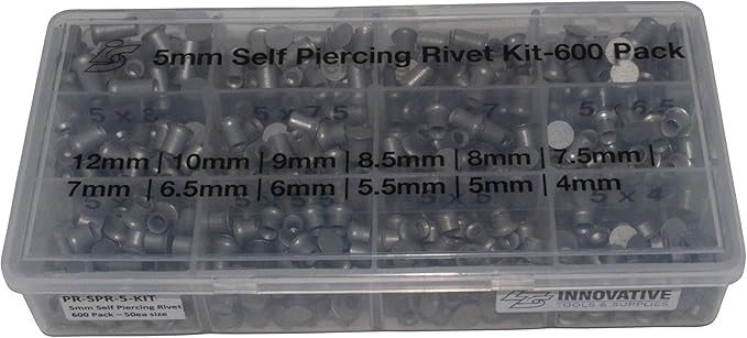 Innovative Tools & Supplies Self-Piercing Rivets 5mm Assorted Size Kit of 600 Pieces - 50 Each Size