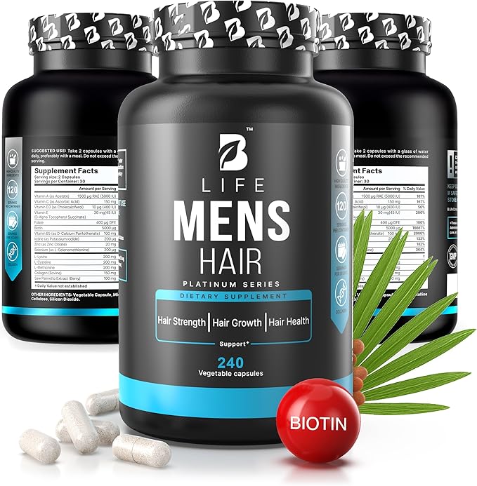 Men’s Hair Growth Supplement – Biotin & Collagen Hair Vitamins for Men – Thicker, Fuller Hair, Nail & Scalp Support – Hair Loss Supplement with Zinc, Selenium & Vitamins A C D E – 240 Capsules